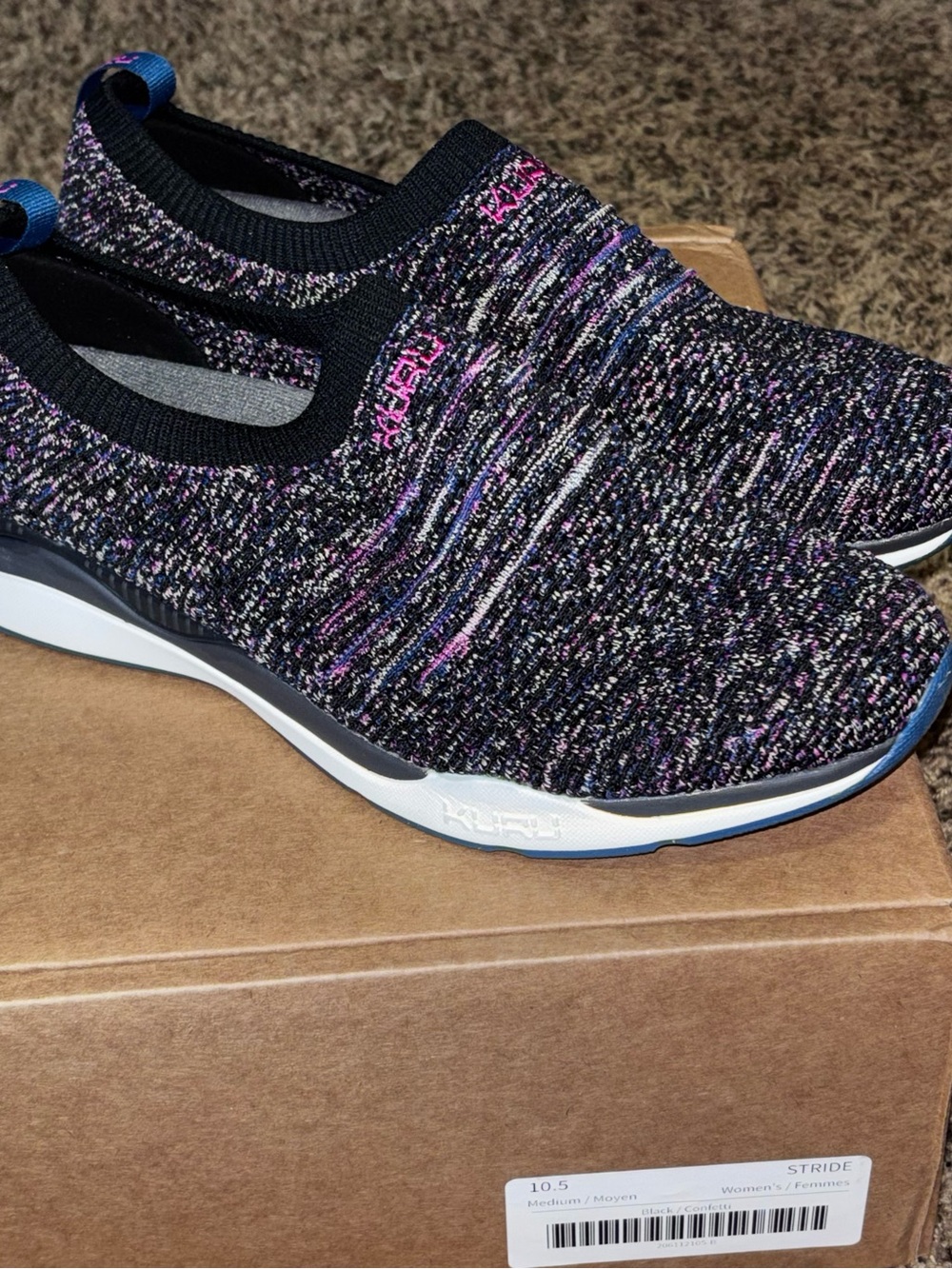 KURU Stride Womens Shoes Size 10.5 Jet Black Confetti Knit Mesh Slip-On Sneakers
